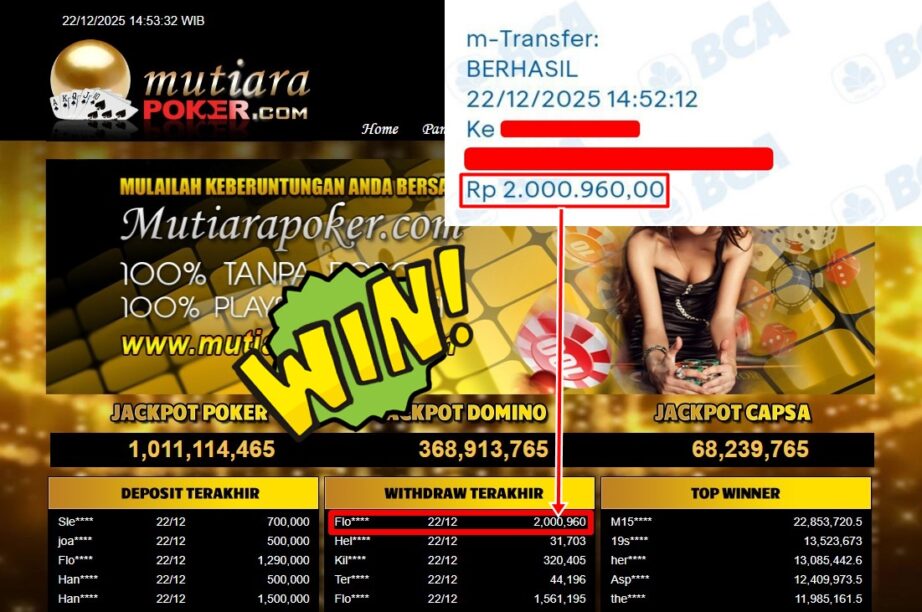 Bukti Withdraw ( 2,000,960,- ) Member Setia MutiaraPoker