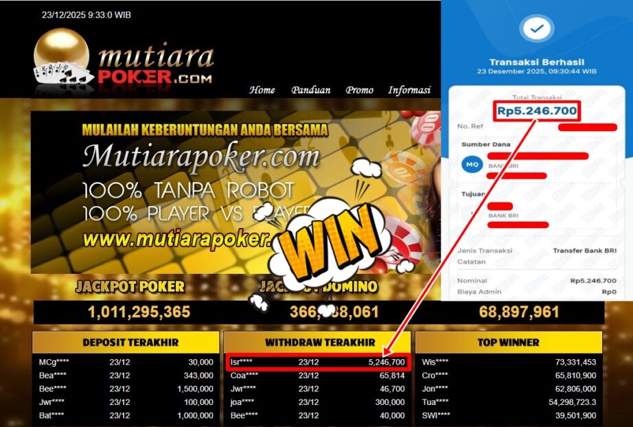 Bukti Withdraw ( 5,246,700,- ) Member Setia MutiaraPoker