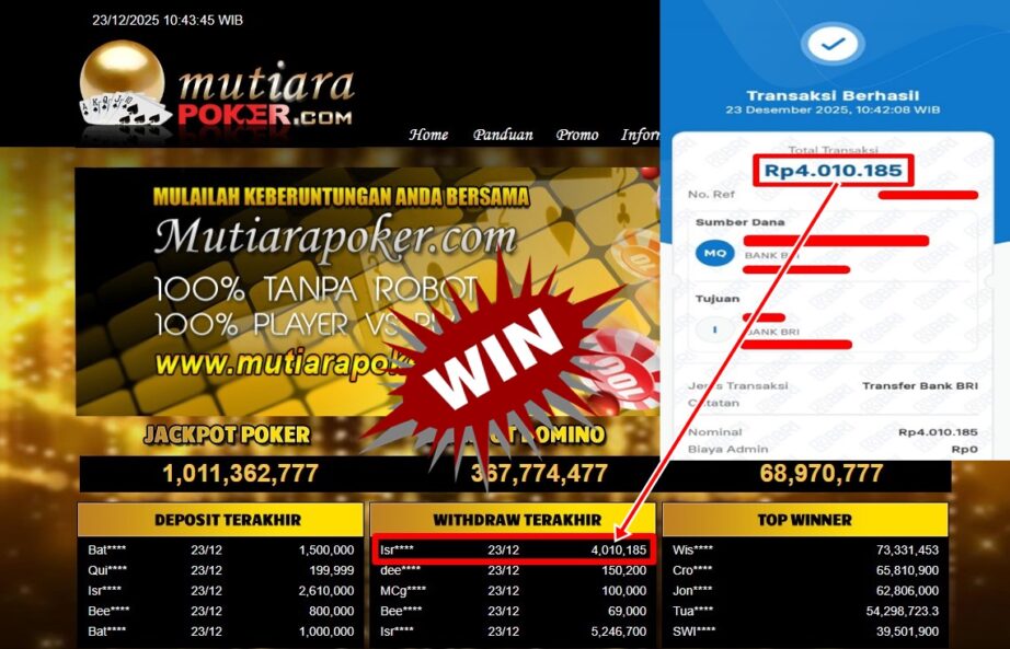 Bukti Withdraw ( 4,010,185,- ) Member Setia MutiaraPoker