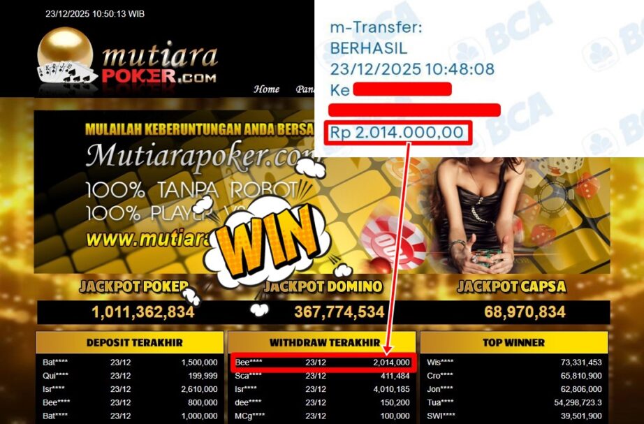 Bukti Withdraw ( 2,014,000,- ) Member Setia MutiaraPoker
