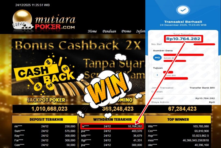 Bukti Withdraw ( 10,764,282,- ) Member Setia MutiaraPoker
