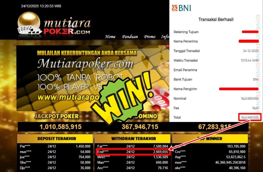 Bukti Withdraw ( 2,669,655,- ) Member Setia MutiaraPoker