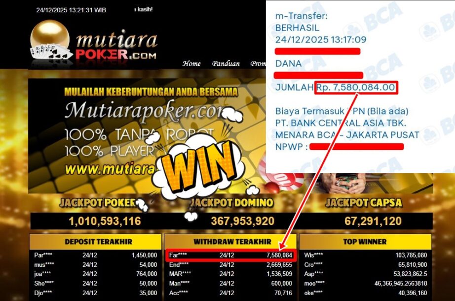 Bukti Withdraw ( 7,580,084,- ) Member Setia MutiaraPoker