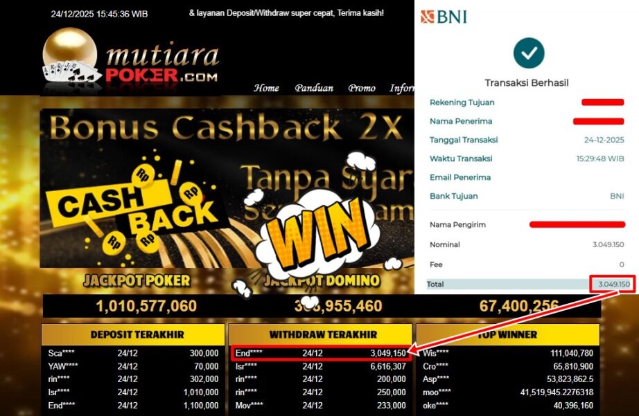 Bukti Withdraw ( 3,049,150,- ) Member Setia MutiaraPoker