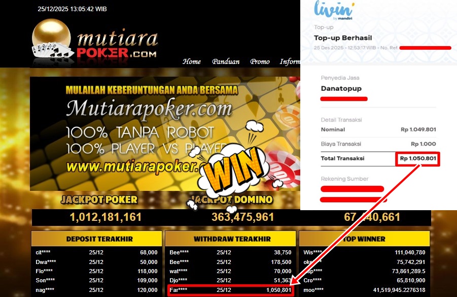 Bukti Withdraw ( 1,050,801,- ) Member Setia MutiaraPoker