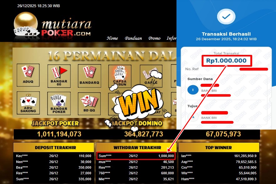 Bukti Withdraw ( 1.000.000,- ) Member Setia MutiaraPoker