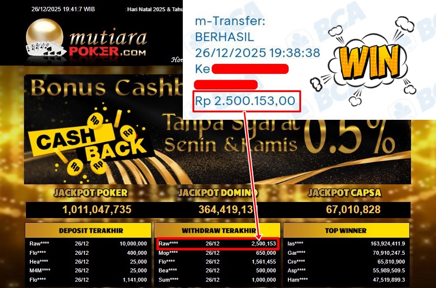 Bukti Withdraw ( 2,500,153,- ) Member Setia MutiaraPoker