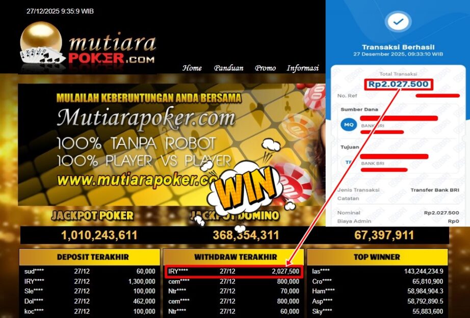 Bukti Withdraw ( 2,027,500,- ) Member Setia MutiaraPoker