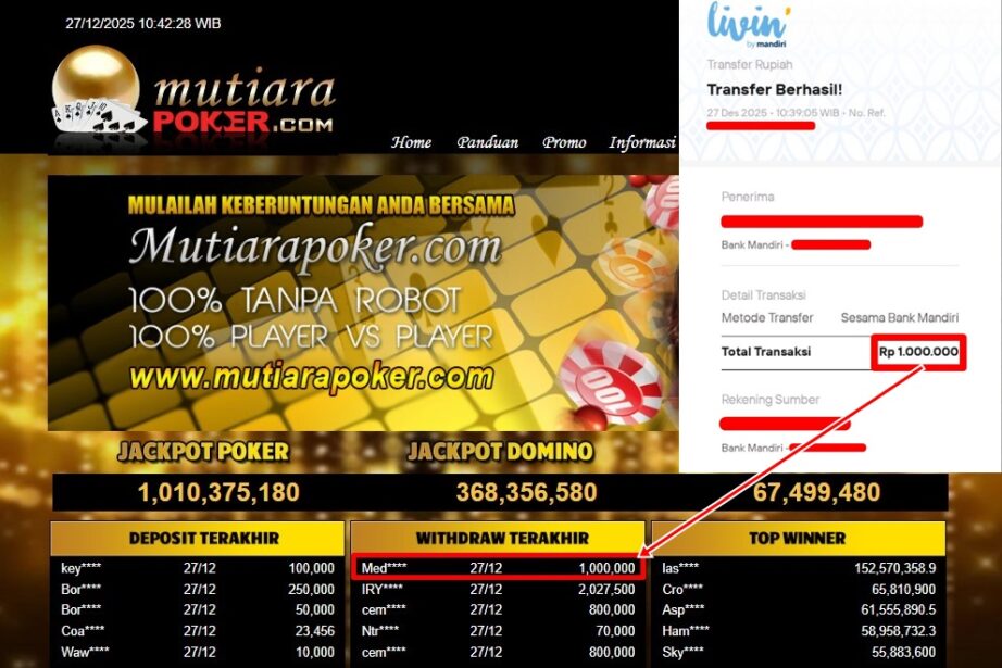 Bukti Withdraw ( 1,000,000,- ) Member Setia MutiaraPoker
