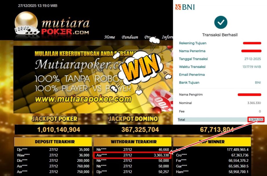 Bukti Withdraw ( 3,365,330,- ) Member Setia MutiaraPoker