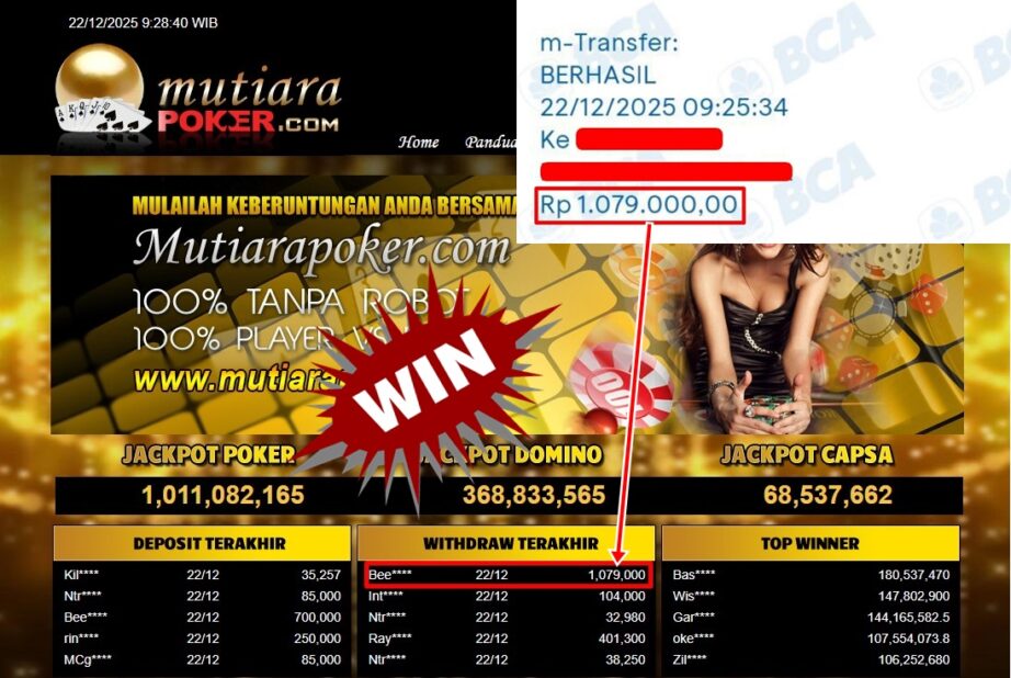 Bukti Withdraw ( 1,079,000,- ) Member Setia MutiaraPoker