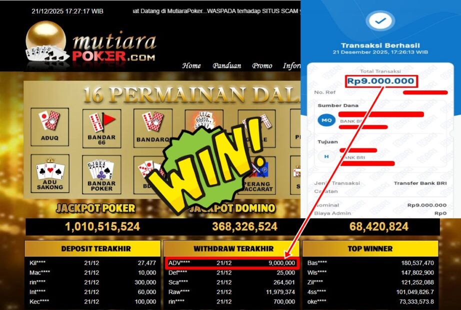 Bukti Withdraw ( 9,000,000,-) Member Setia Mutiarapoker
