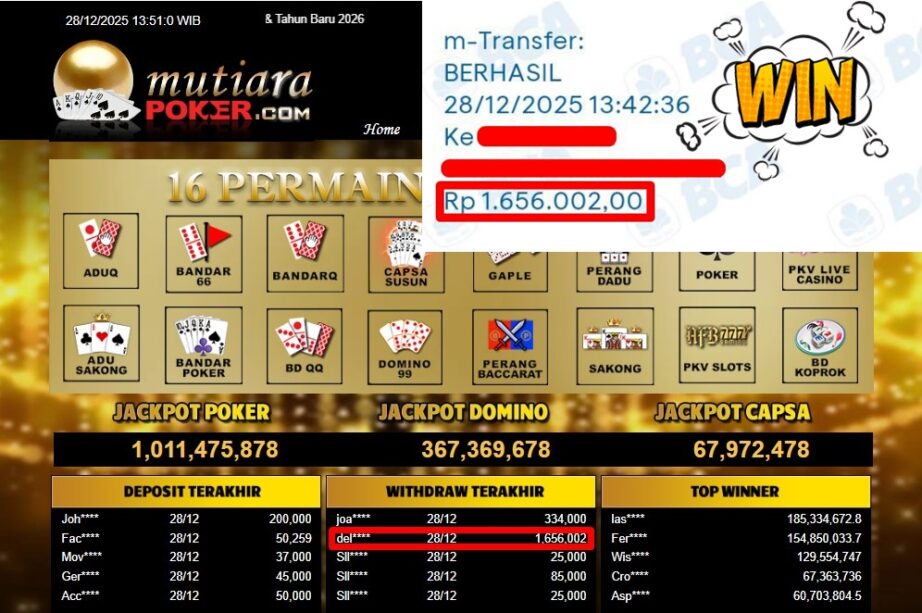 Bukti Withdraw ( 1,656,002,- ) Member Setia MutiaraPoker