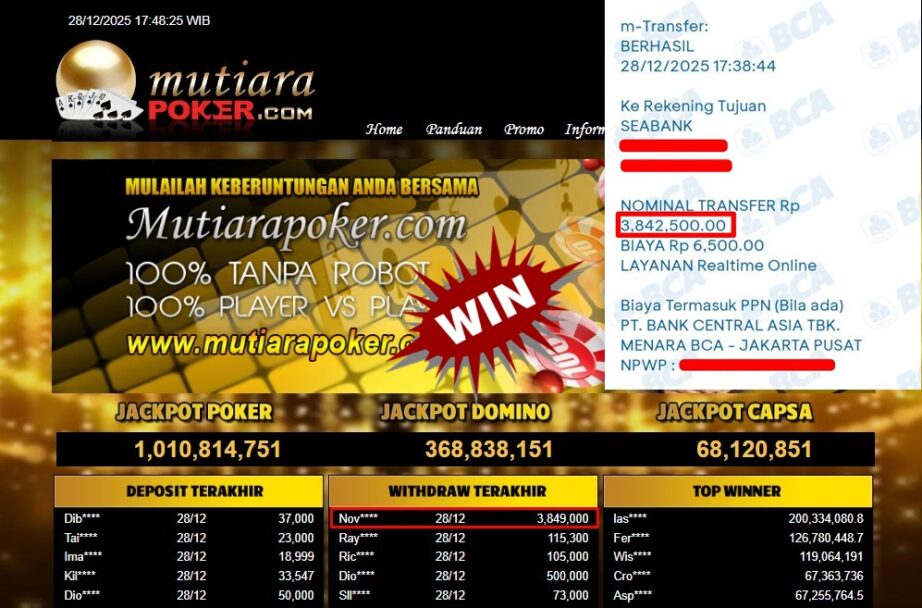 Bukti Withdraw ( 3,849,000,- ) Member Setia MutiaraPoker