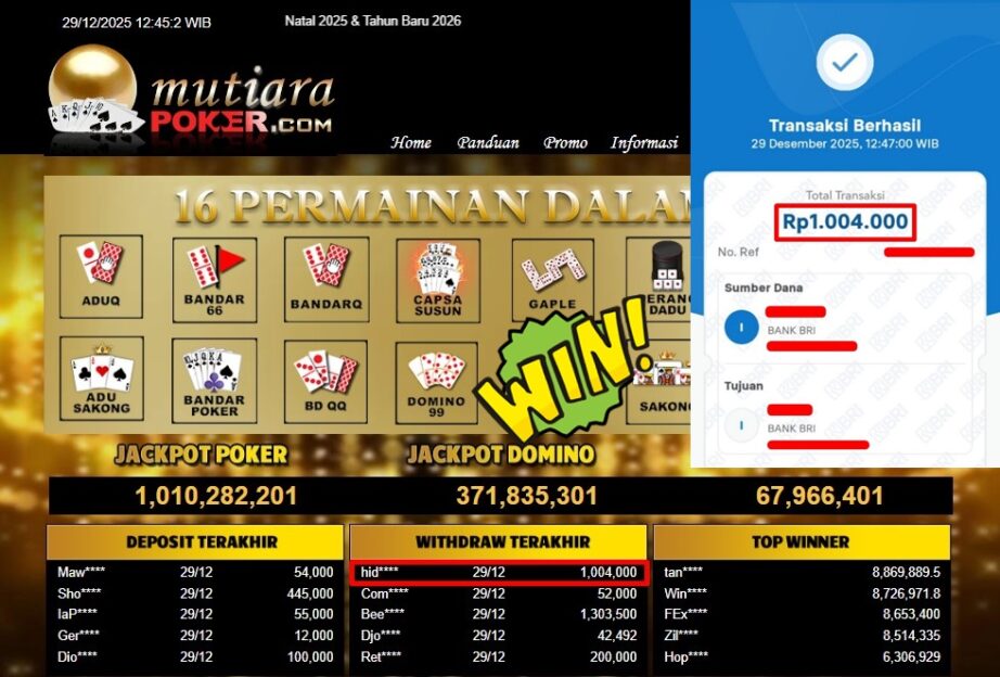 Bukti Withdraw ( 1,004,000,- ) Member Setia MutiaraPoker