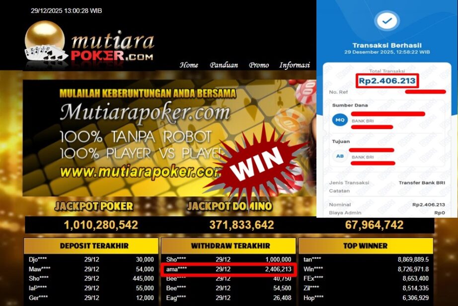 Bukti Withdraw ( 2,406,213,- ) Member Setia MutiaraPoker