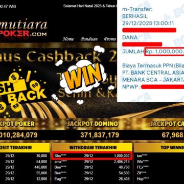 Bukti Withdraw ( 1,000,000,- ) Member Setia MutiaraPoker