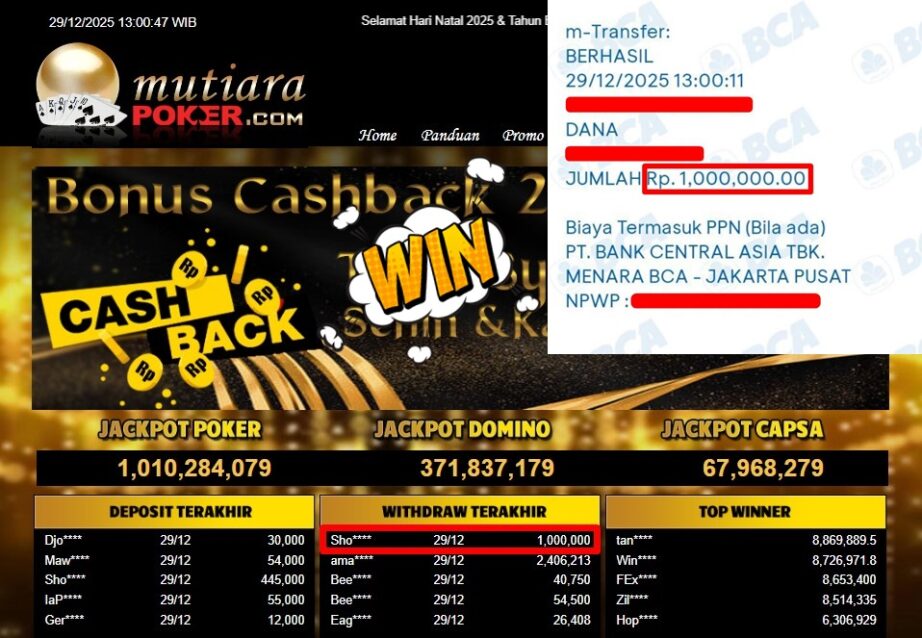 Bukti Withdraw ( 1,000,000,- ) Member Setia MutiaraPoker
