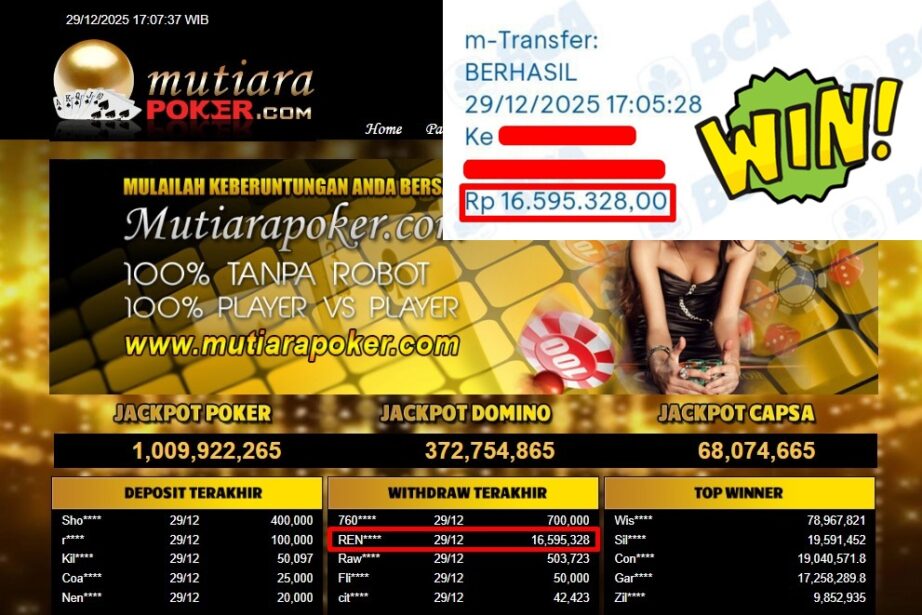 Bukti Withdraw ( 16,595,328,- ) Member Setia MutiaraPoker