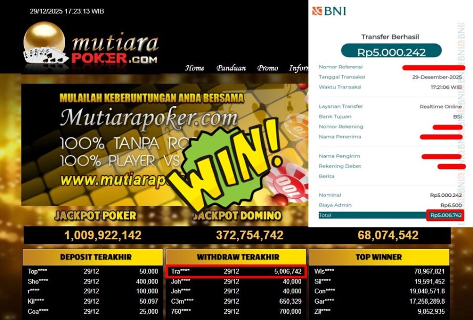 Bukti Withdraw ( 5,006,742,- ) Member Setia MutiaraPoker