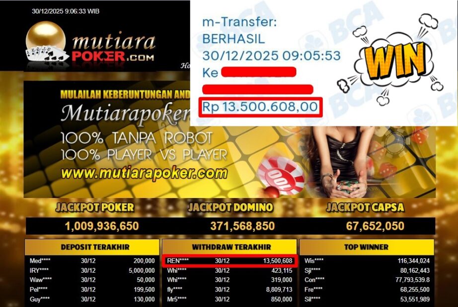 Bukti Withdraw ( 13,500,608,- ) Member Setia MutiaraPoker