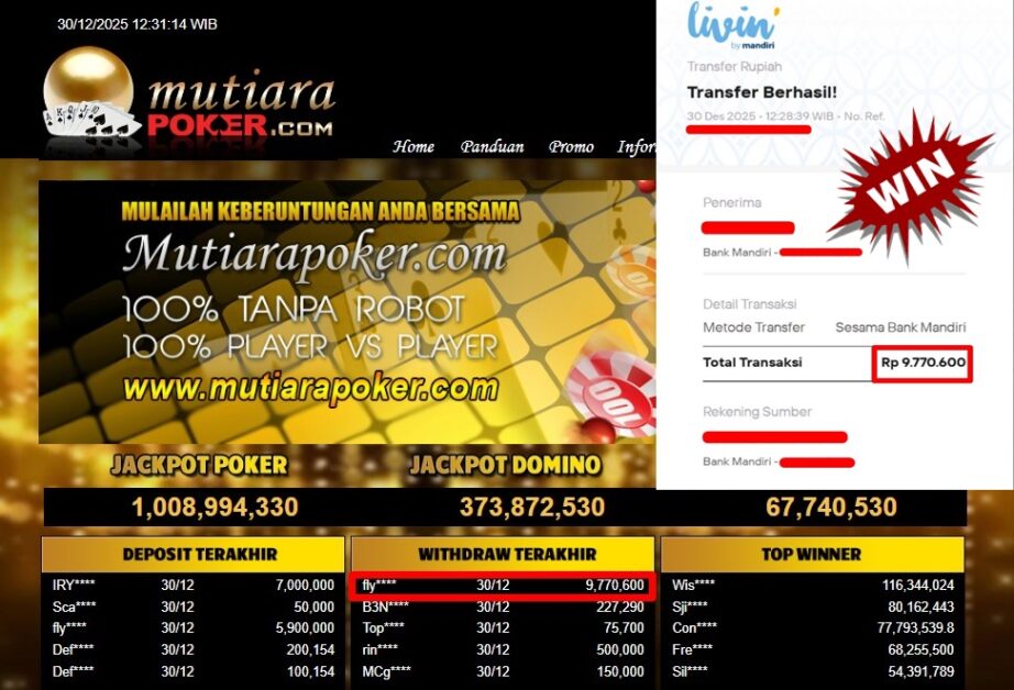 Bukti Withdraw ( 9,770,600,- ) Member Setia MutiaraPoker