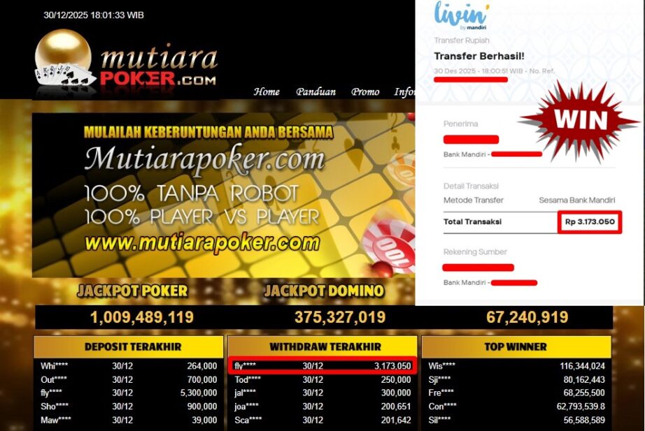 Bukti Withdraw ( 3,173,050,- ) Member Setia MutiaraPoker
