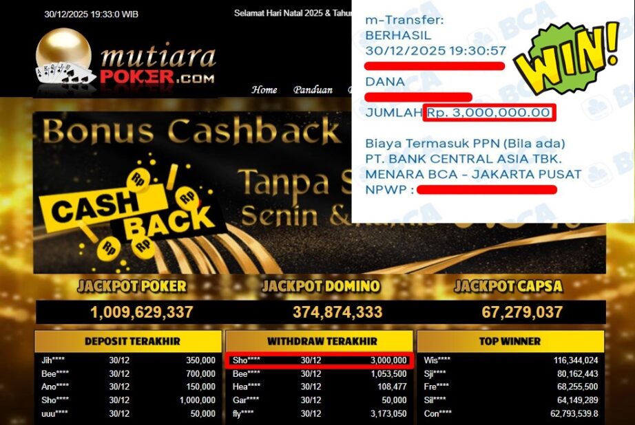 Bukti Withdraw ( 3,000,000,- ) Member Setia MutiaraPoker