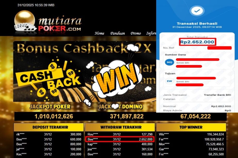 Bukti Withdraw ( 2,652,000,- ) Member Setia MutiaraPoker