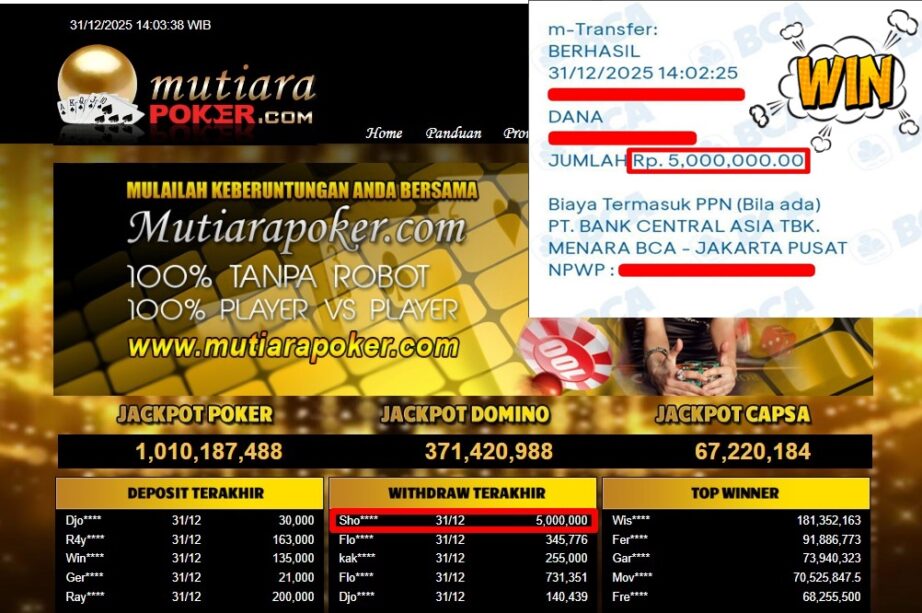 Bukti Withdraw ( 5,000,000,- ) Member Setia MutiaraPoker