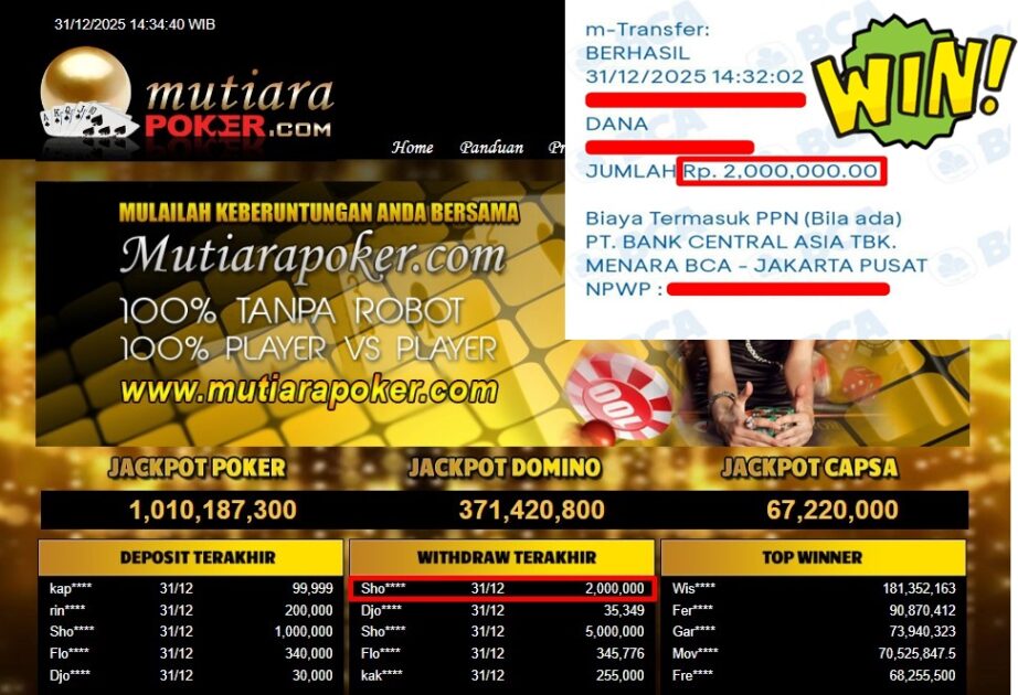 Bukti Withdraw ( 2,000,000,- ) Member Setia MutiaraPoker