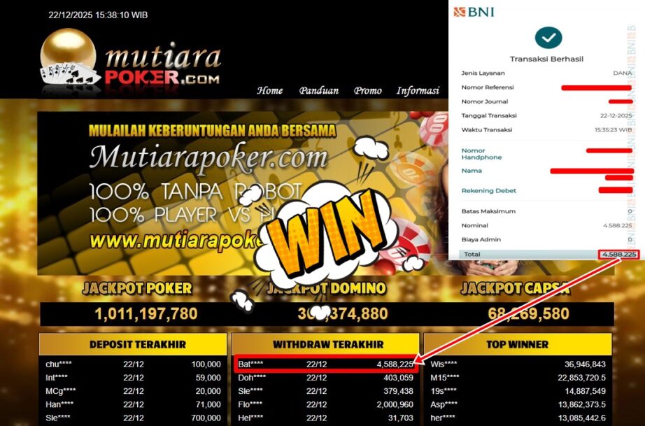 Bukti Withdraw ( 4,588,225,- ) Member Setia MutiaraPoker