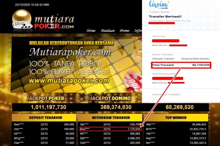 Bukti Withdraw ( 1,170,035,- ) Member Setia MutiaraPoker