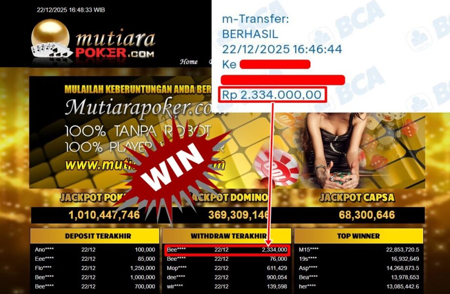 Bukti Withdraw ( 2,334,000,- ) Member Setia MutiaraPoker