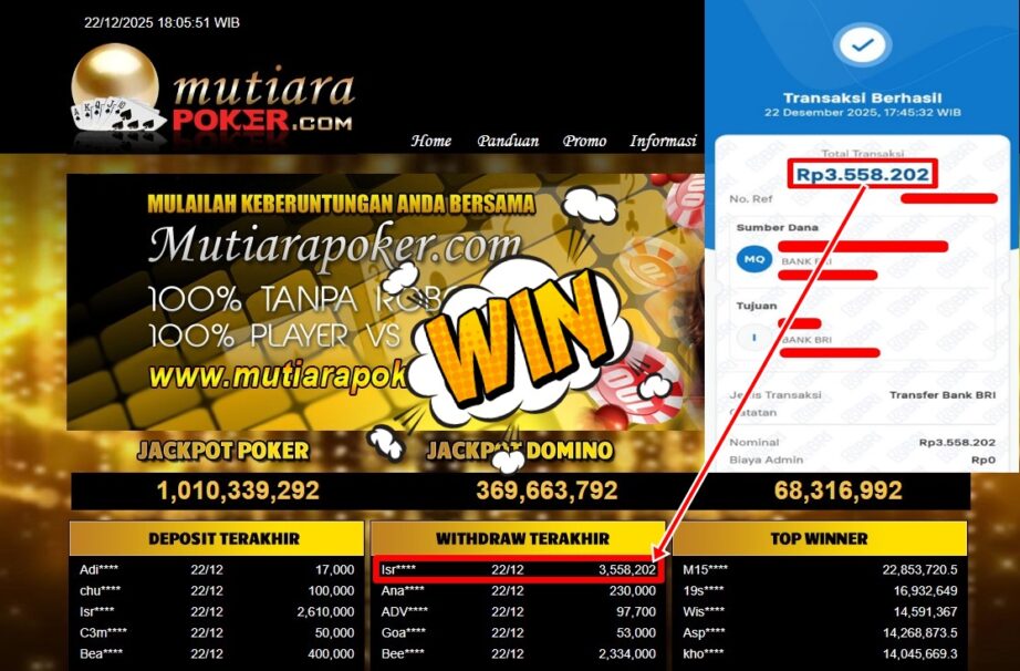 Bukti Withdraw ( 3,558,202,- ) Member Setia MutiaraPoker