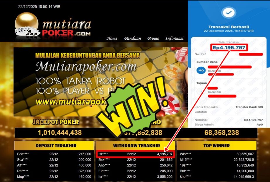 Bukti Withdraw ( 4,195,797,- ) Member Setia MutiaraPoker