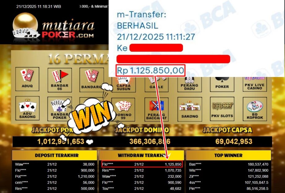 Bukti Withdraw ( 1,125,850,- ) Member Setia MutiaraPoker