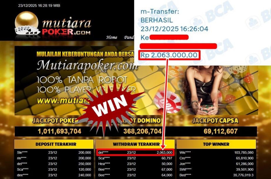 Bukti Withdraw ( 2,063,000,- ) Member Setia MutiaraPoker