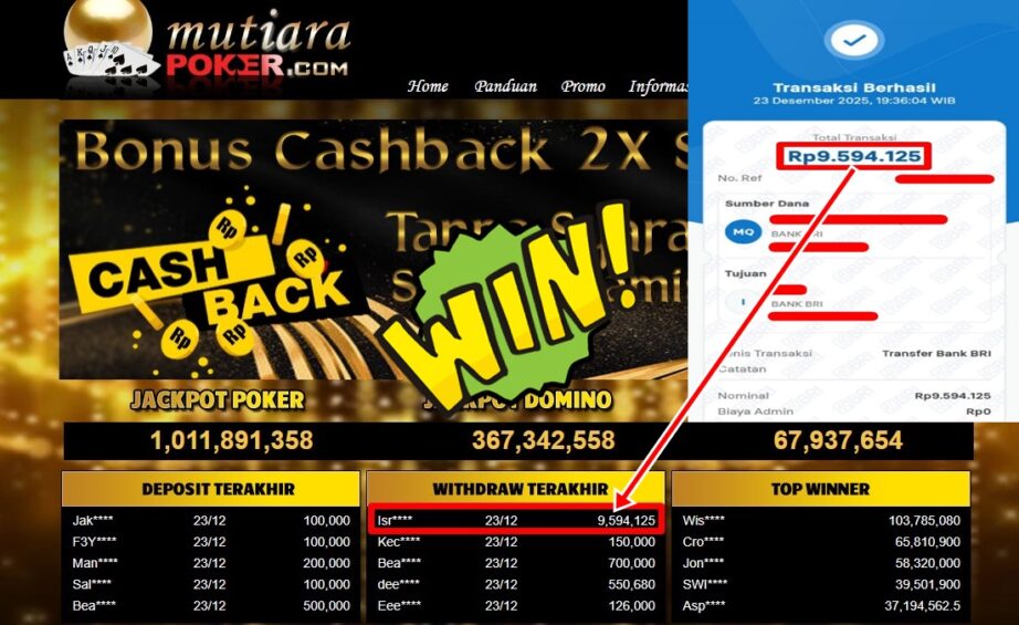 Bukti Withdraw ( 9,594,125,- ) Member Setia MutiaraPoker