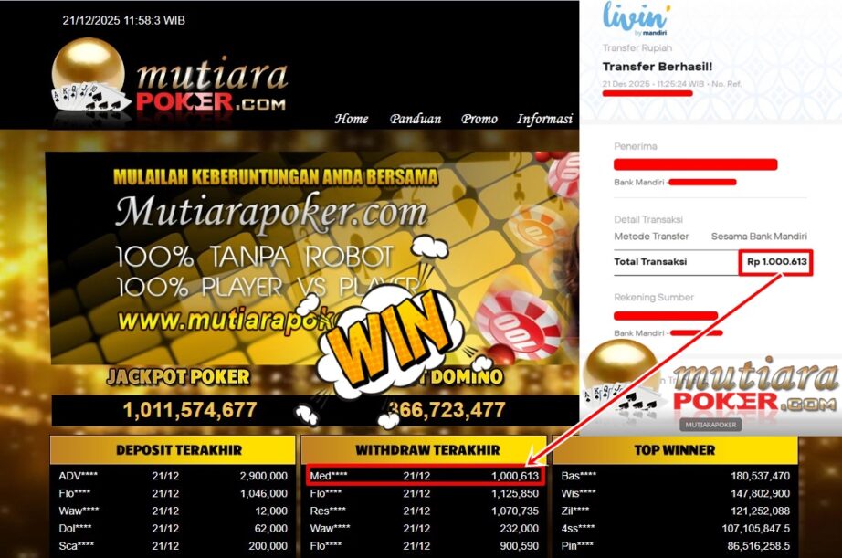 Bukti Withdraw ( 1,000,613,- ) Member Setia MutiaraPoker
