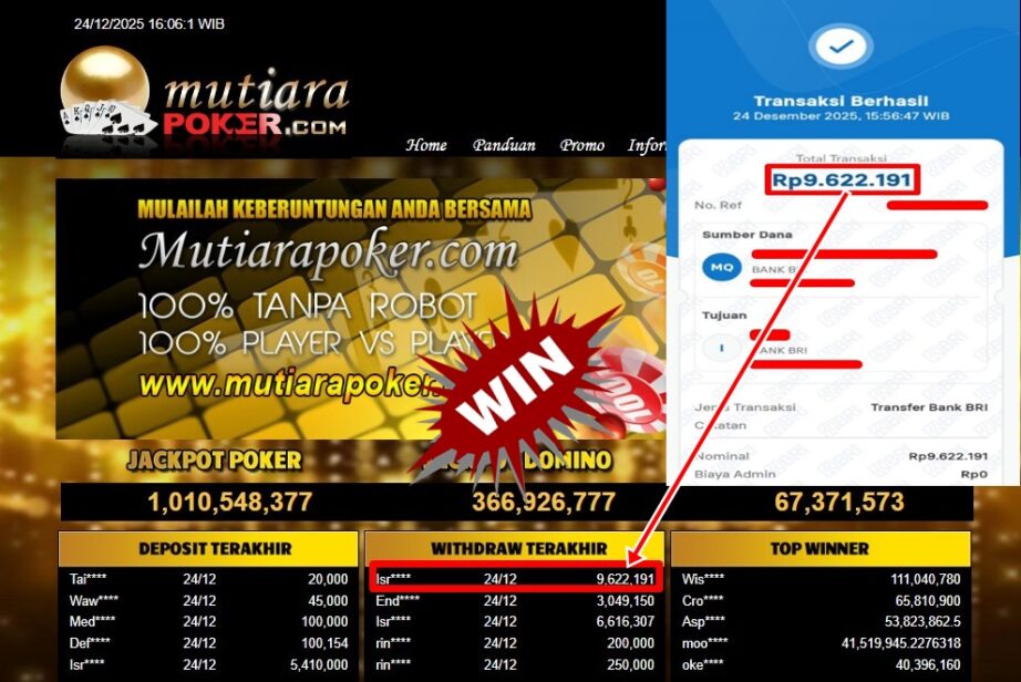 Bukti Withdraw ( 9,622,191,- ) Member Setia MutiaraPoker