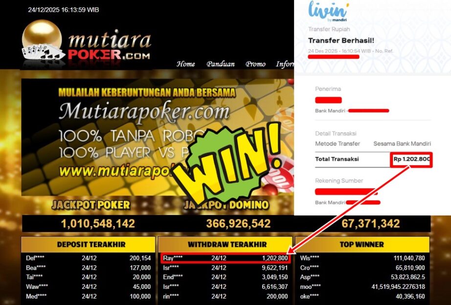 Bukti Withdraw ( 1,202,800,- ) Member Setia MutiaraPoker