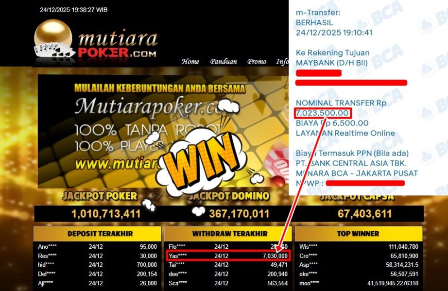 Bukti Withdraw ( 7,030,000,- ) Member Setia MutiaraPoker