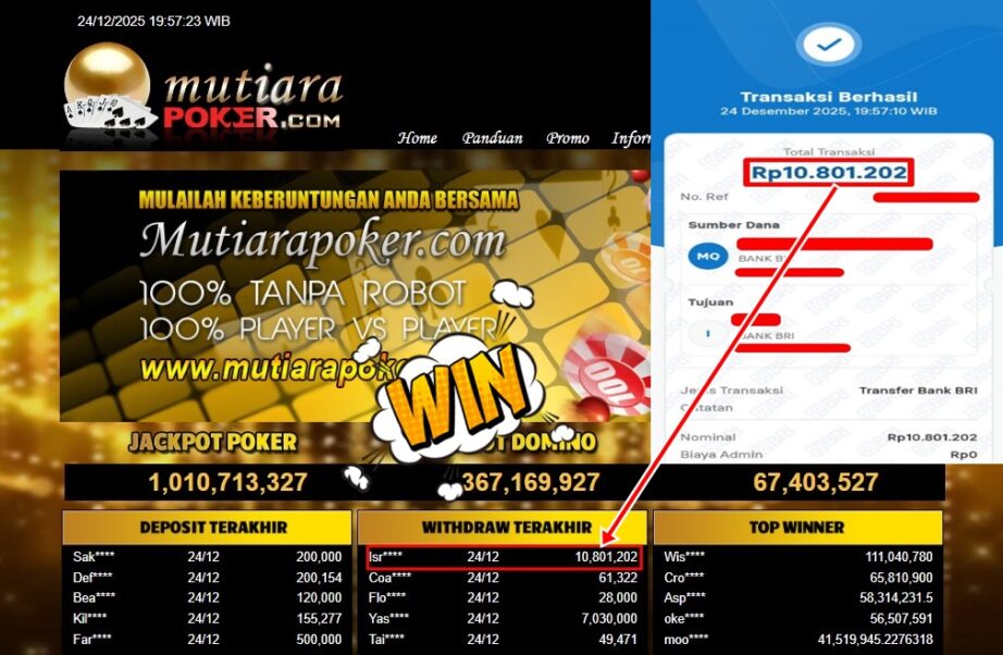 Bukti Withdraw ( 10,801,202,- ) Member Setia MutiaraPoker