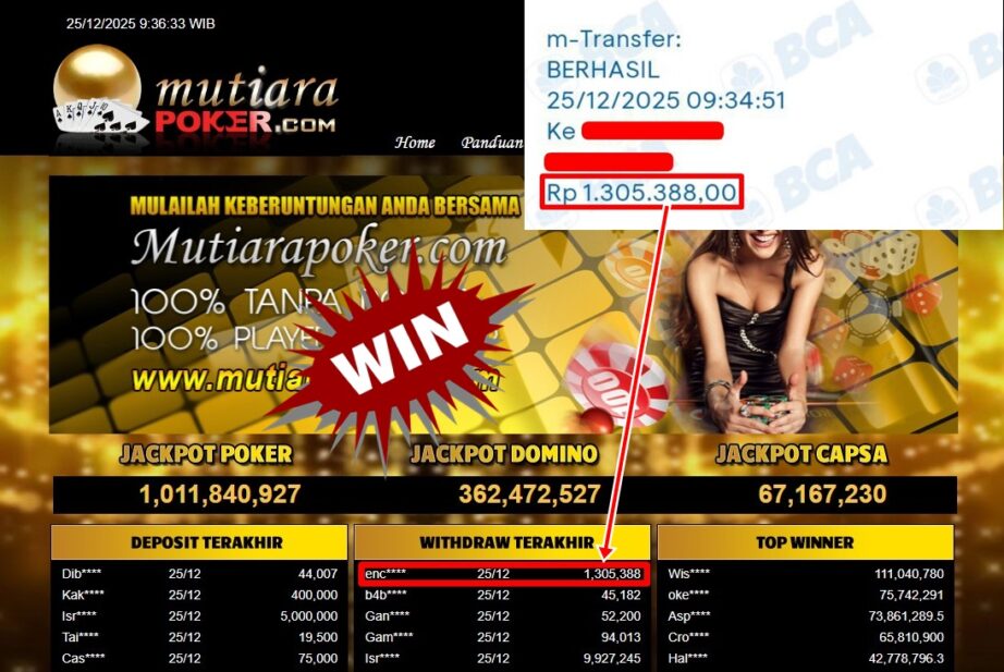 Bukti Withdraw ( 1,305,388,- ) Member Setia MutiaraPoker