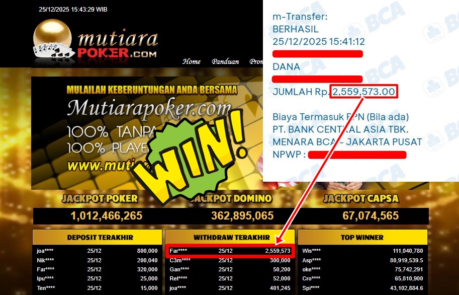 Bukti Withdraw ( 2,559,573,- ) Member Setia MutiaraPoker