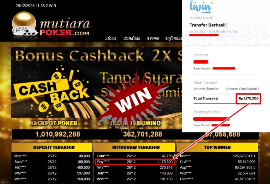 Bukti Withdraw ( 1,170,300,- ) Member Setia MutiaraPoker