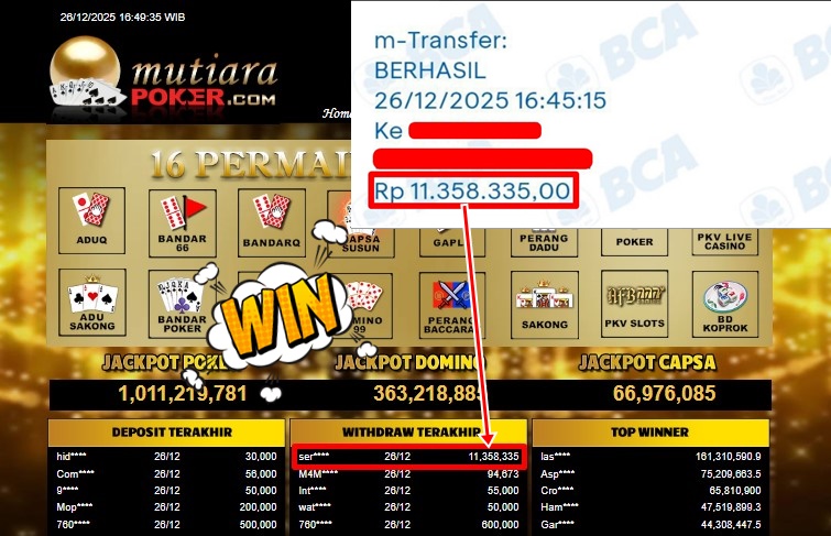 Bukti Withdraw ( 11,358,335,- ) Member Setia MutiaraPoker
