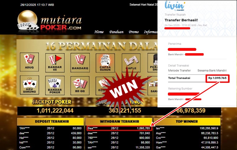 Bukti Withdraw ( 1,095,765,- ) Member Setia MutiaraPoker