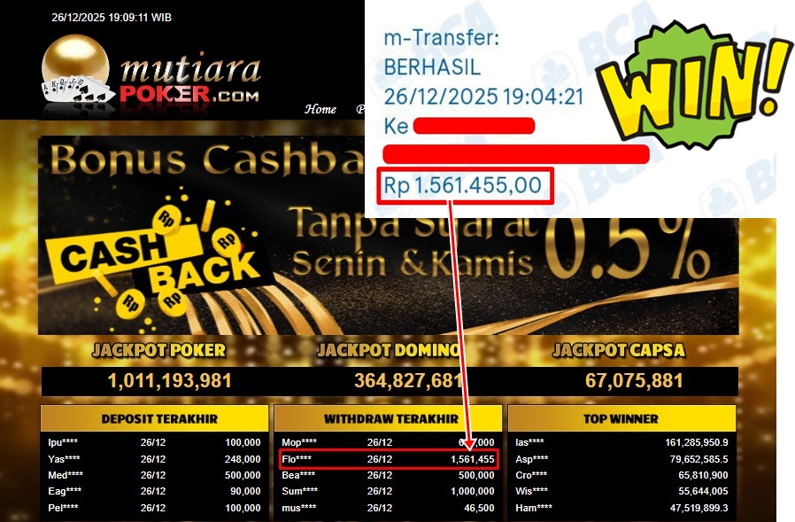 Bukti Withdraw ( 1,561,455,- ) Member Setia MutiaraPoker